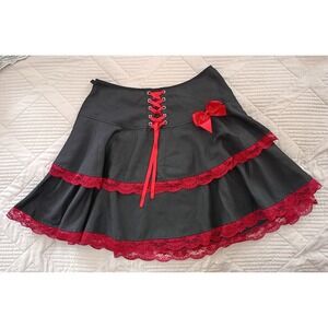 Black Mini Skirt with Red Lace Trim and Bow